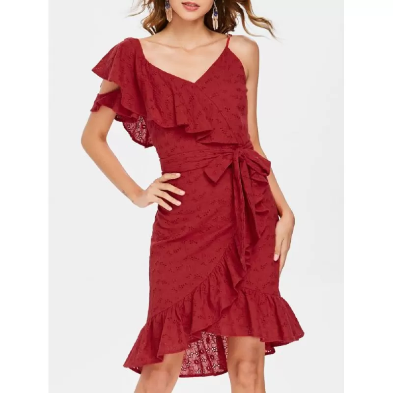 Frill Belted Broderie Faux Wrap Dress - Chestnut Red