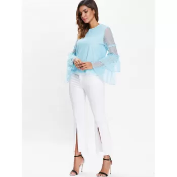 Full Sleeve Keyhole Back Blouse - Light Blue