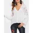 Full Sleeve Lace Panel Asymmetrical Blosue - White