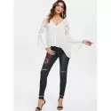 Full Sleeve Lace Panel Asymmetrical Blosue - White
