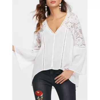 Full Sleeve Lace Panel Asymmetrical Blosue - White