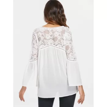 Full Sleeve Lace Panel Asymmetrical Blosue - White