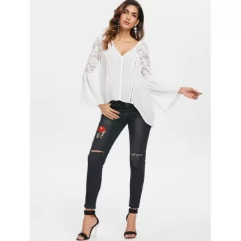 Full Sleeve Lace Panel Asymmetrical Blosue - White