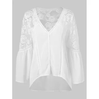 Full Sleeve Lace Panel Asymmetrical Blosue - White