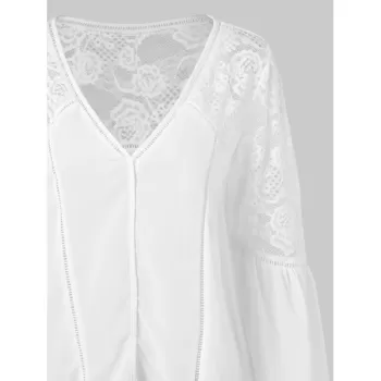 Full Sleeve Lace Panel Asymmetrical Blosue - White