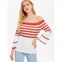 Full Sleeve Stripe Off Shoulder T-shirt -