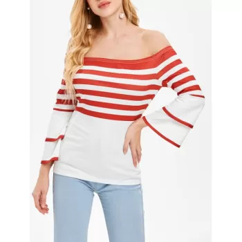 Full Sleeve Stripe Off Shoulder T-shirt -