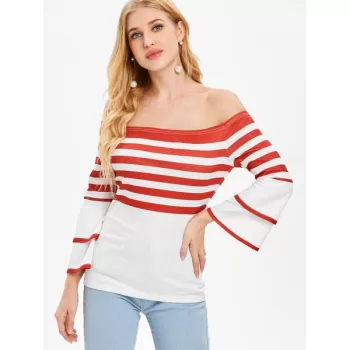 Full Sleeve Stripe Off Shoulder T-shirt -