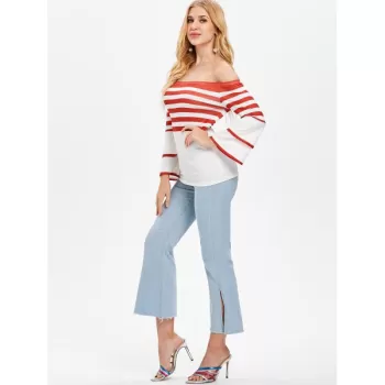 Full Sleeve Stripe Off Shoulder T-shirt -