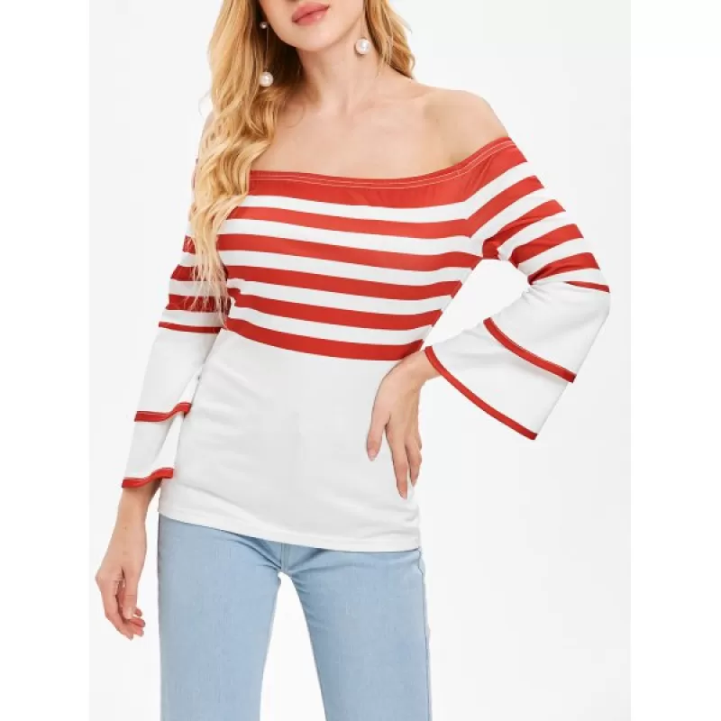 Full Sleeve Stripe Off Shoulder T-shirt -