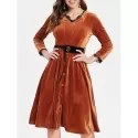 Full Sleeve Velvet Fit and Flare Dress - Brown