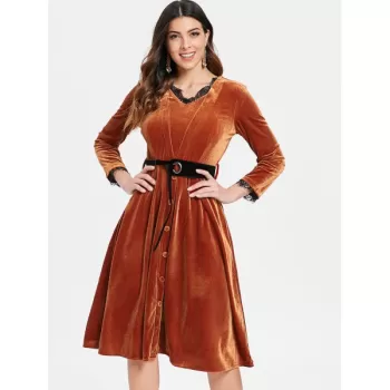 Full Sleeve Velvet Fit and Flare Dress - Brown