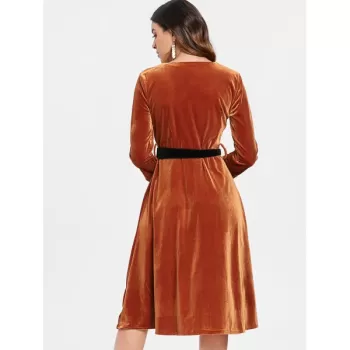 Full Sleeve Velvet Fit and Flare Dress - Brown
