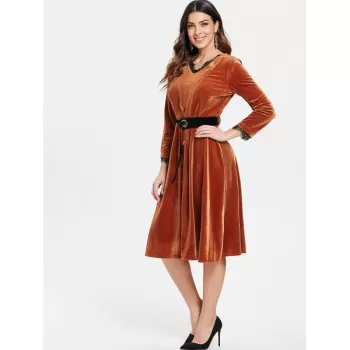 Full Sleeve Velvet Fit and Flare Dress - Brown