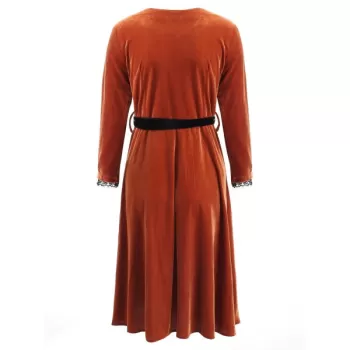 Full Sleeve Velvet Fit and Flare Dress - Brown