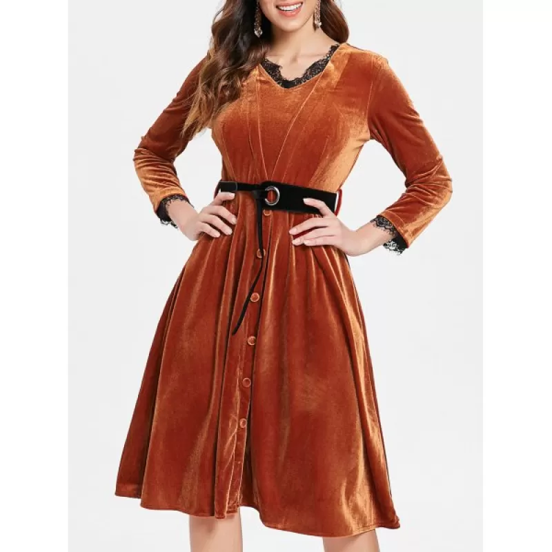Full Sleeve Velvet Fit and Flare Dress - Brown