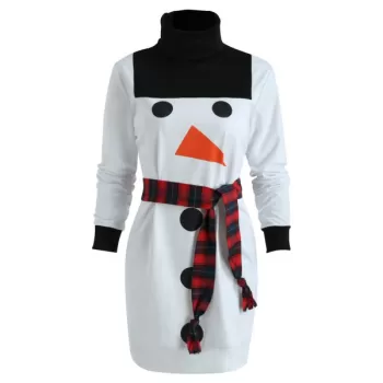 Funnel Neck Christmas Snowman Sweatshirt Dress - White