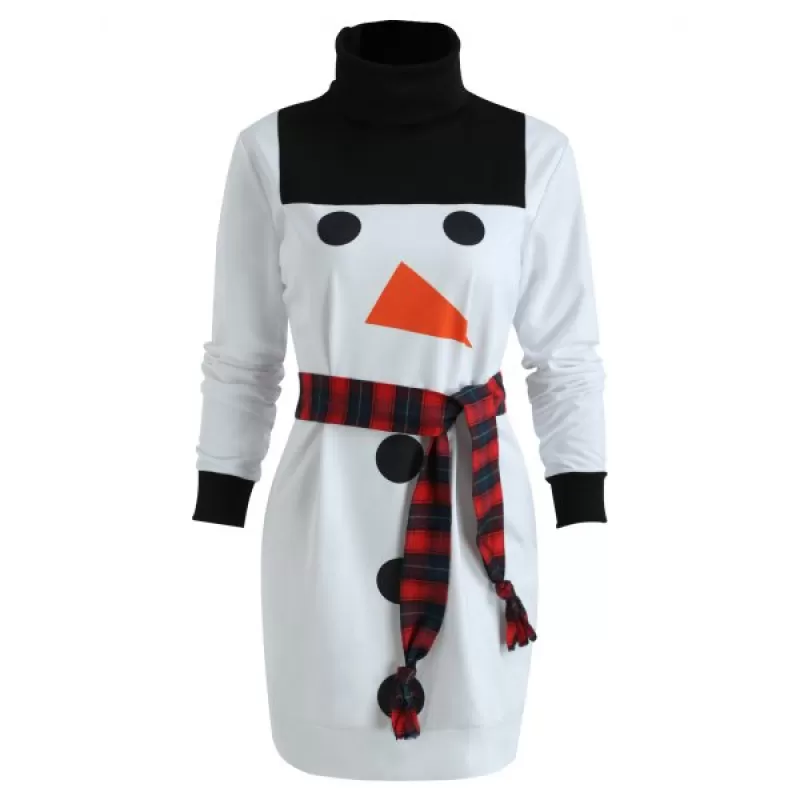 Funnel Neck Christmas Snowman Sweatshirt Dress - White