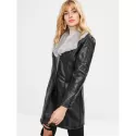 Fur Lined Faux Leather Long Coat - Black One