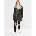 Fur Lined Faux Leather Long Coat - Black One