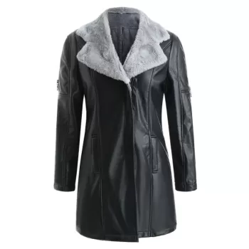 Fur Lined Faux Leather Long Coat - Black One