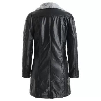 Fur Lined Faux Leather Long Coat - Black One
