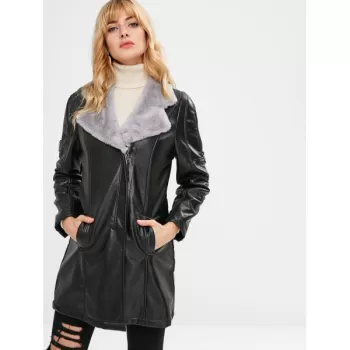 Fur Lined Faux Leather Long Coat - Black One