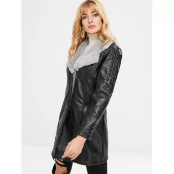 Fur Lined Faux Leather Long Coat - Black One