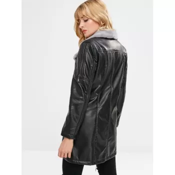 Fur Lined Faux Leather Long Coat - Black One