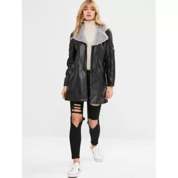 Fur Lined Faux Leather Long Coat - Black One