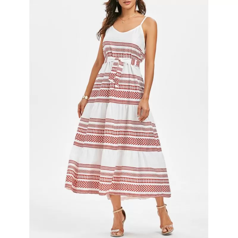 Geometric Belted Cami Dress - Orange Salmon