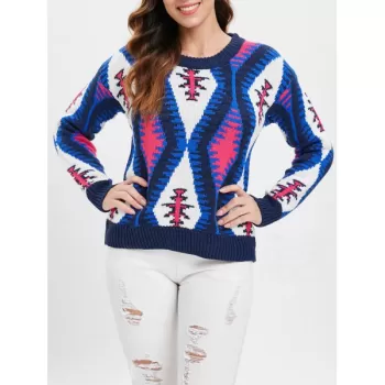 Geometric Graphic Knit Pullover Sweater -  One