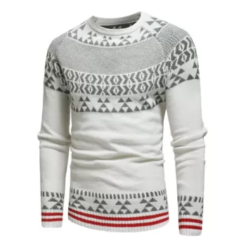 Geometric Stripe Pattern Knit Pullover Sweater - White