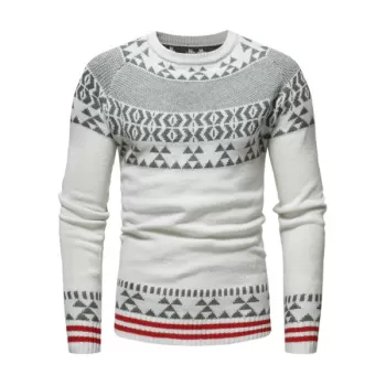 Geometric Stripe Pattern Knit Pullover Sweater - White