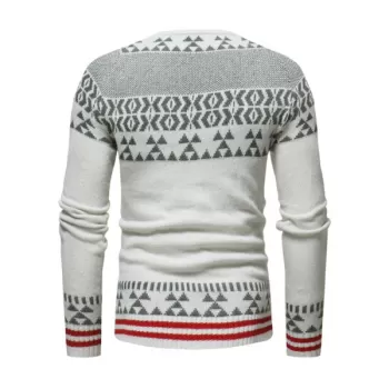 Geometric Stripe Pattern Knit Pullover Sweater - White