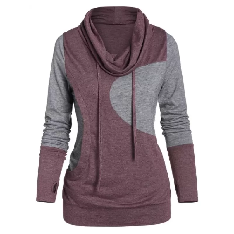 Glove Sleeve Contrast Heathered Drawstring Cowl Neck T-shirt - Firebrick