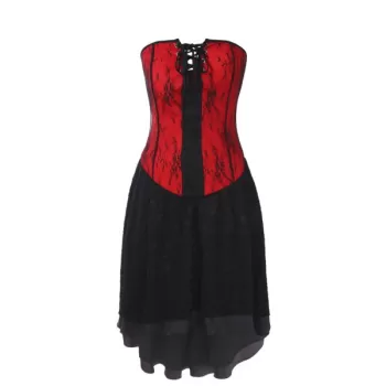 Gothic Bandeau Strapless Lace Corset Dress - Red