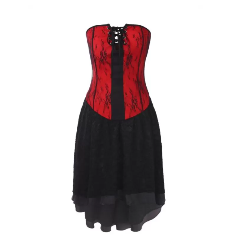 Gothic Bandeau Strapless Lace Corset Dress - Red