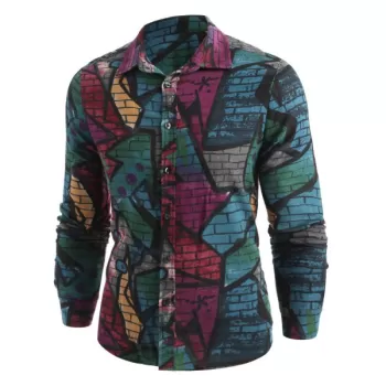 Graffiti Wall Print Button Up Shirt - Light Gray