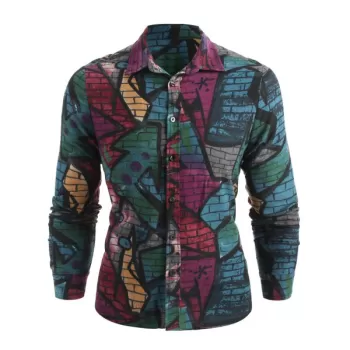 Graffiti Wall Print Button Up Shirt - Light Gray