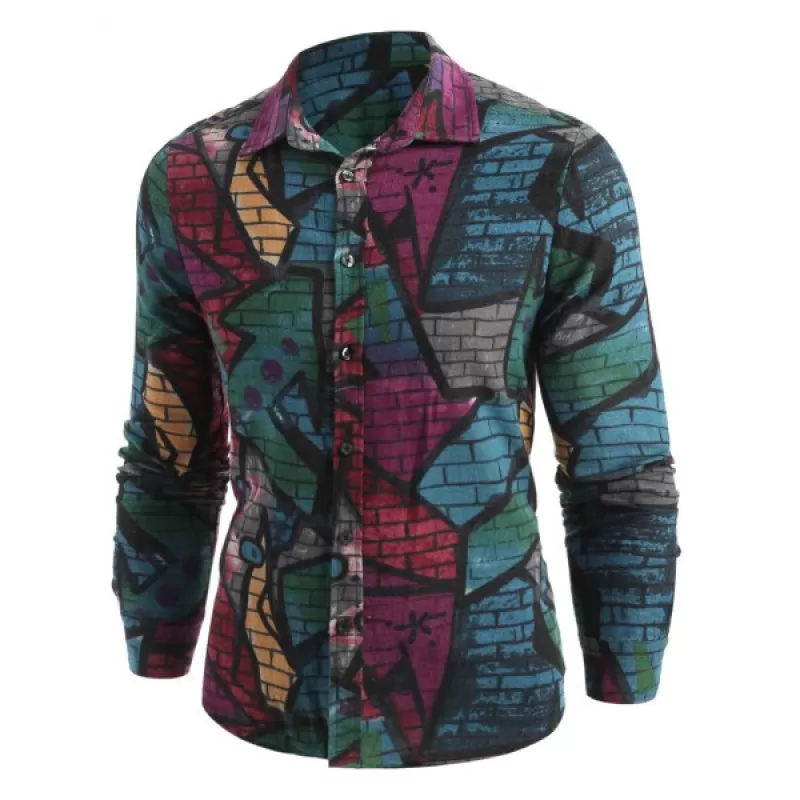 Graffiti Wall Print Button Up Shirt - Light Gray