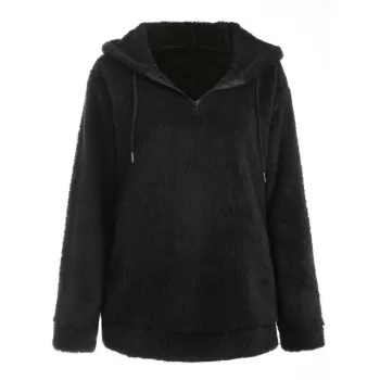 Half Zip Fuzzy Hoodie - Black
