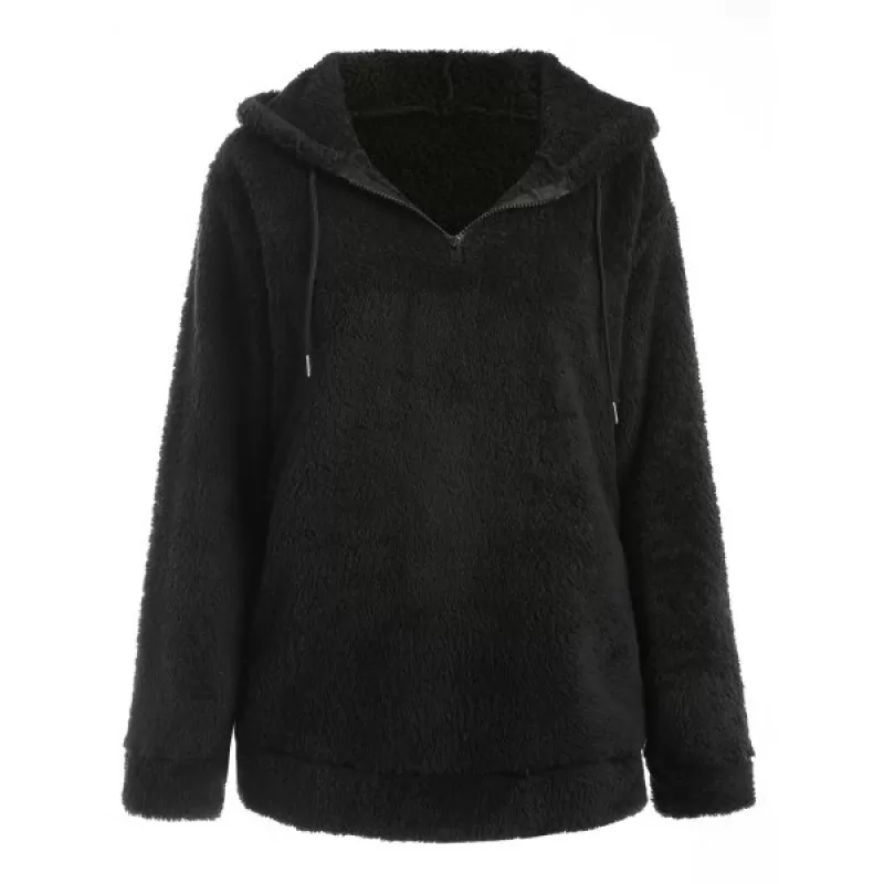 Half Zip Fuzzy Hoodie - Black