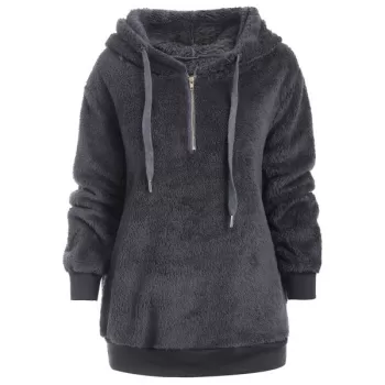 Half Zipper Drawstring Fluffy Hoodie - Dark Gray