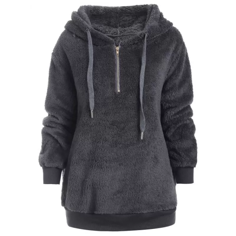 Half Zipper Drawstring Fluffy Hoodie - Dark Gray