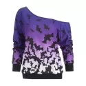 Halloween Bats Print Skew Neck Sweatshirt - Purple