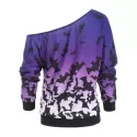 Halloween Bats Print Skew Neck Sweatshirt - Purple