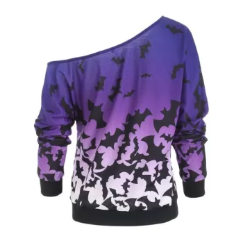 Halloween Bats Print Skew Neck Sweatshirt - Purple