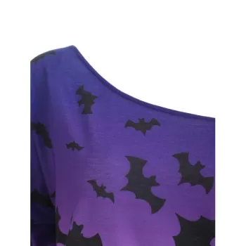 Halloween Bats Print Skew Neck Sweatshirt - Purple