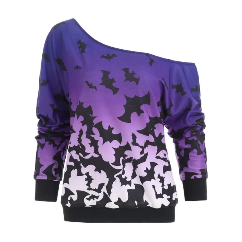 Halloween Bats Print Skew Neck Sweatshirt - Purple